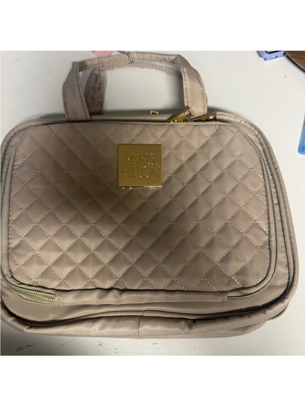 Paris Hilton Quilted Cosmetic Train Case - Neutral Beige with Gold Accents